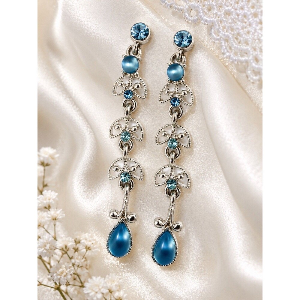 Vintage Blue Crystal Dangle Earrings Silver Tone Filigree Tiered Drop Victorian